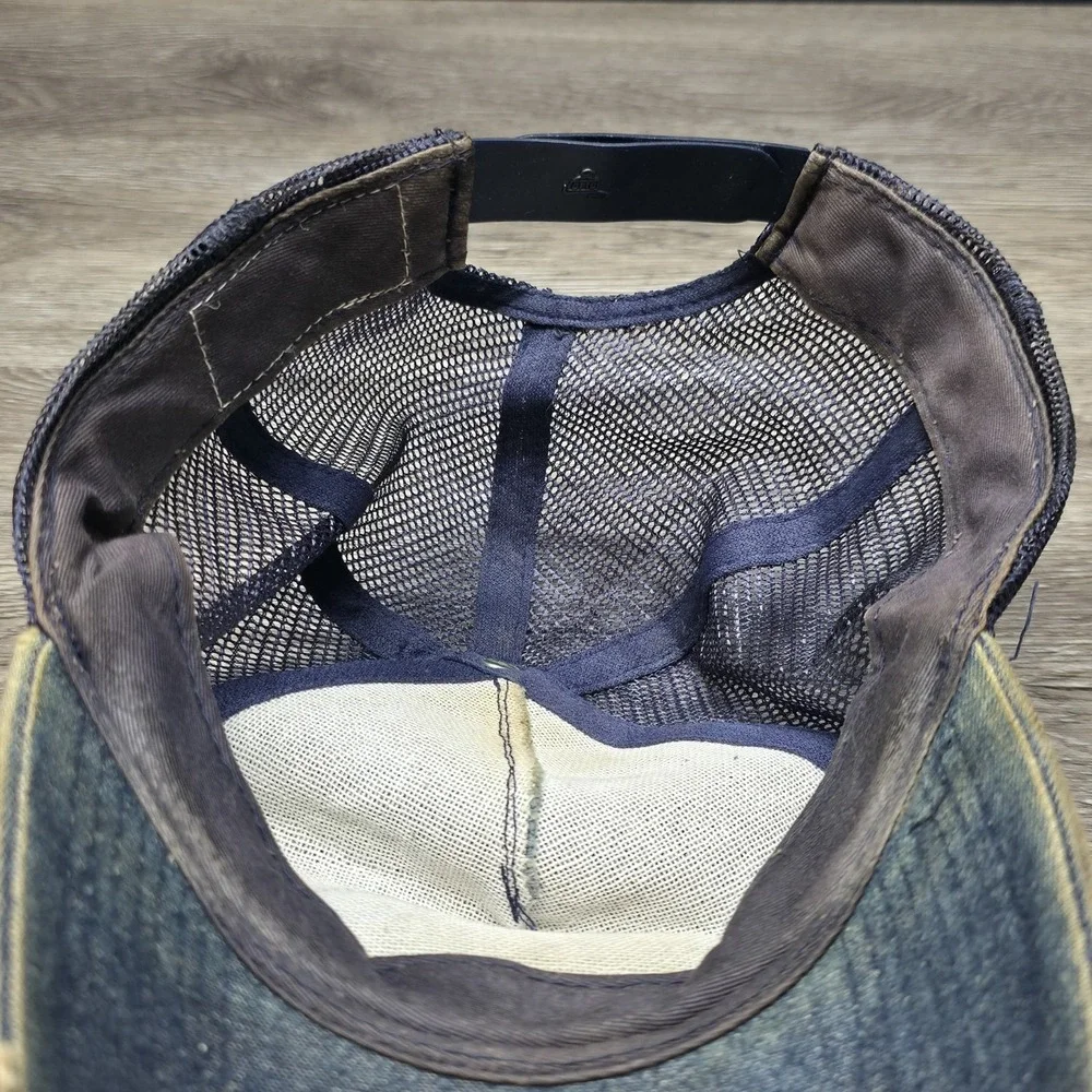 Vintage Star Track Train Railroad Crossing Denim Hat - Right Of His Head
